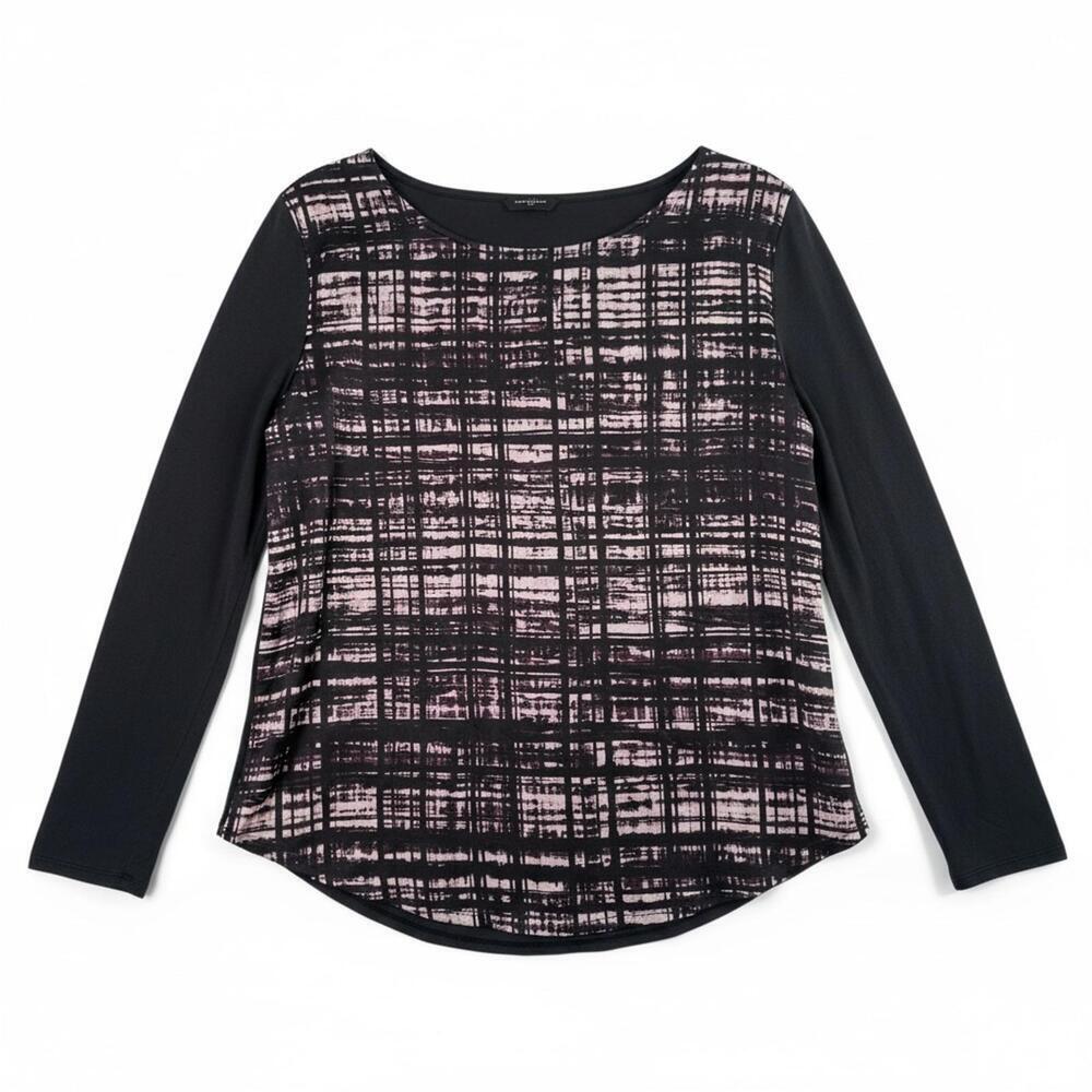 Ann Taylor Black and Light Pink Grid-Print Long Sleeve Top